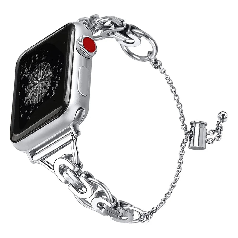 For Apple Watch Ultra 3 2 1 49mm / Series 11 10 46mm / 9 8 7 45mm / SE3 SE2 SE 6 5 4 44mm / 3 2 1 42mm Single Circle Watch Band Stainless Steel Hollow Out Bead Decor Smartwatch Strap - Silver - 1