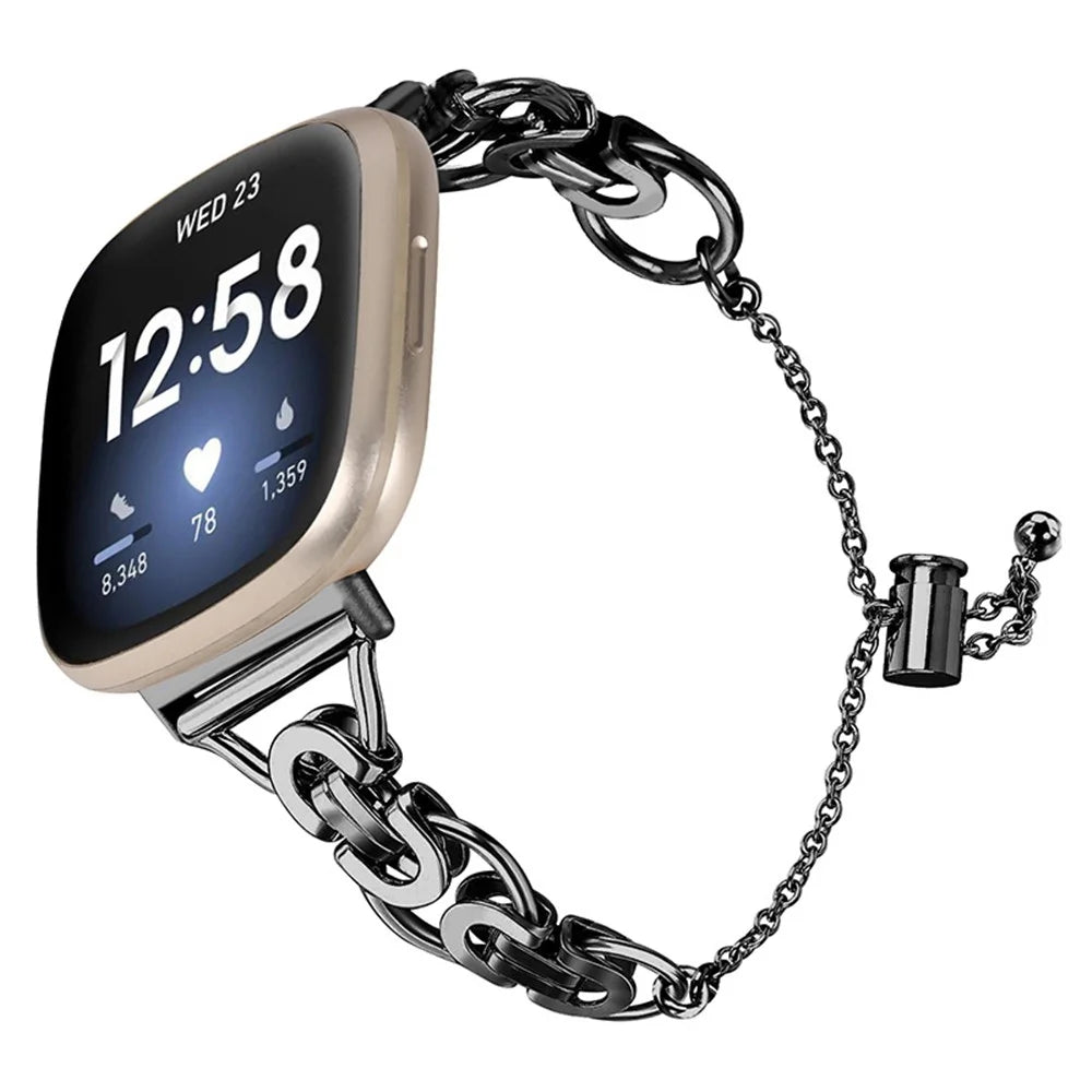 For Fitbit Versa 3/Fitbit Sense Stainless Steel Watch Band Replacement Single Circle Design Wrist Strap 20mm - Black - 1