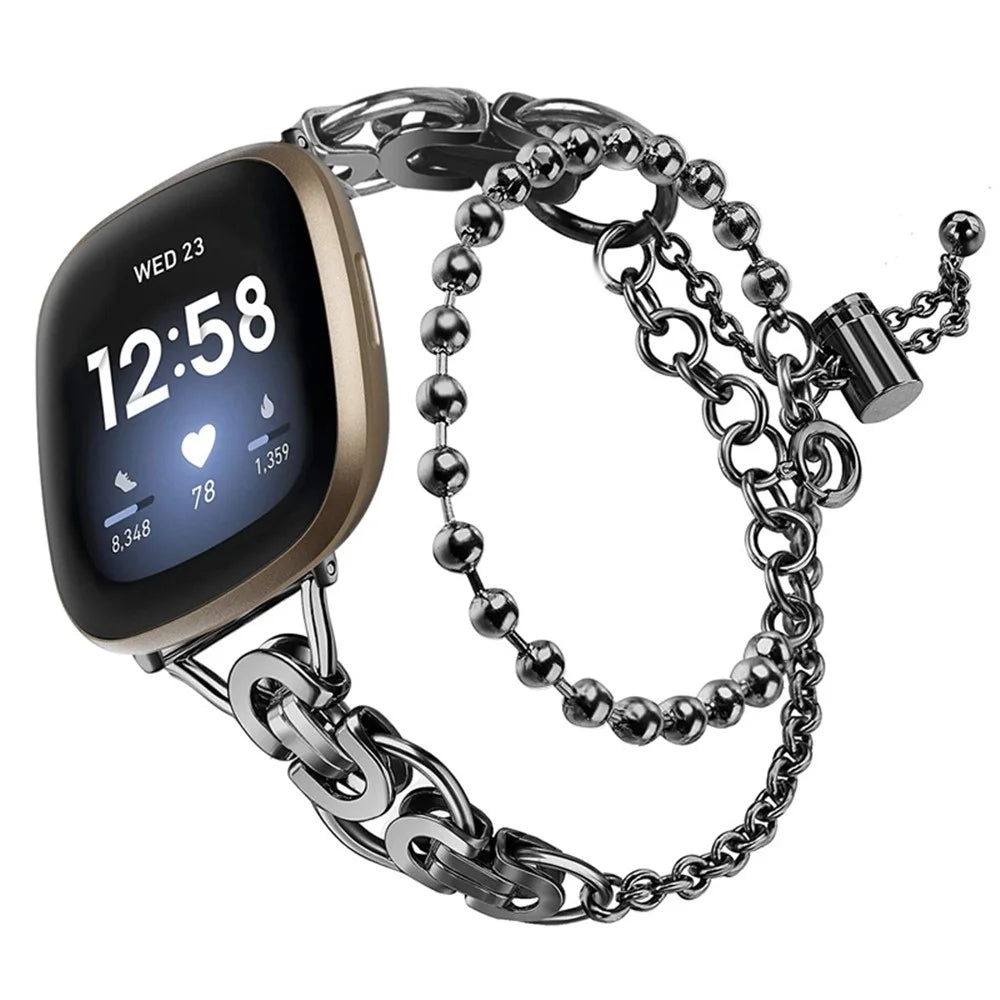 For Fitbit Versa 3/Fitbit Sense Stainless Steel Double Circle Design Hollow Out Smart Watch Band Wrist Strap 20mm - Black - 1