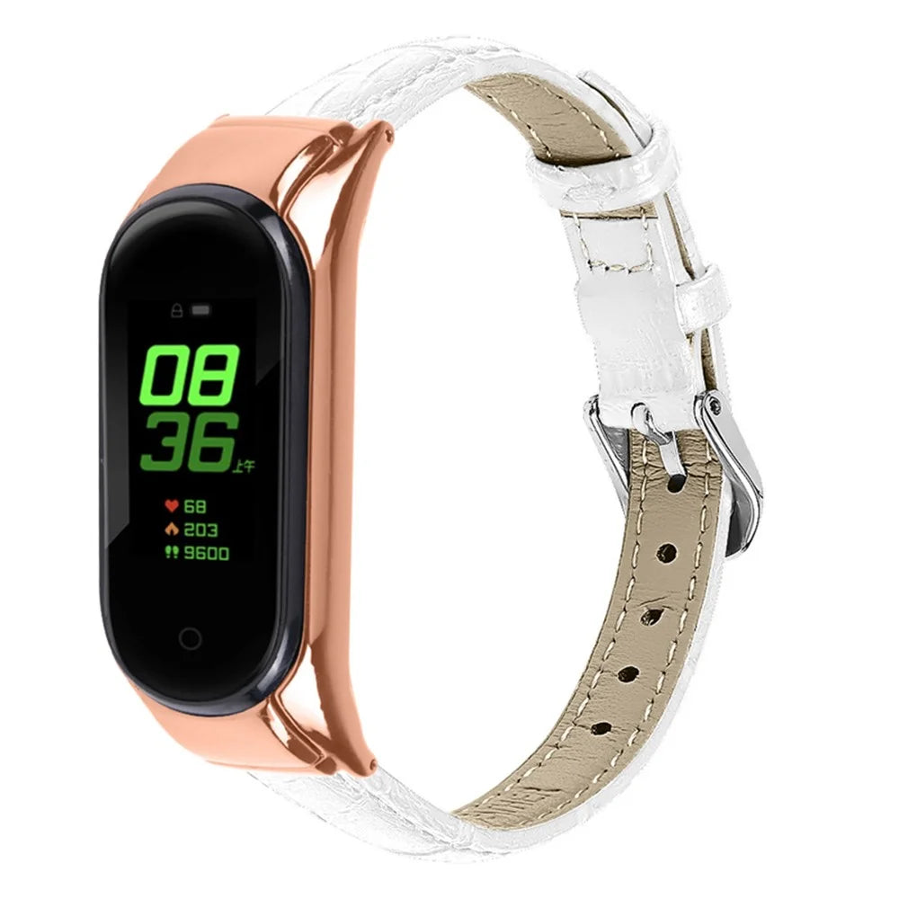 For Xiaomi Mi Band 7 Bamboo Grain Top Layer Cowhide Leather Buckle Design Watch Band with Rose Gold Watch Cover - White - 1