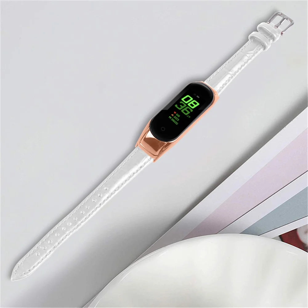 For Xiaomi Mi Band 7 Bamboo Grain Top Layer Cowhide Leather Buckle Design Watch Band with Rose Gold Watch Cover - White - 3