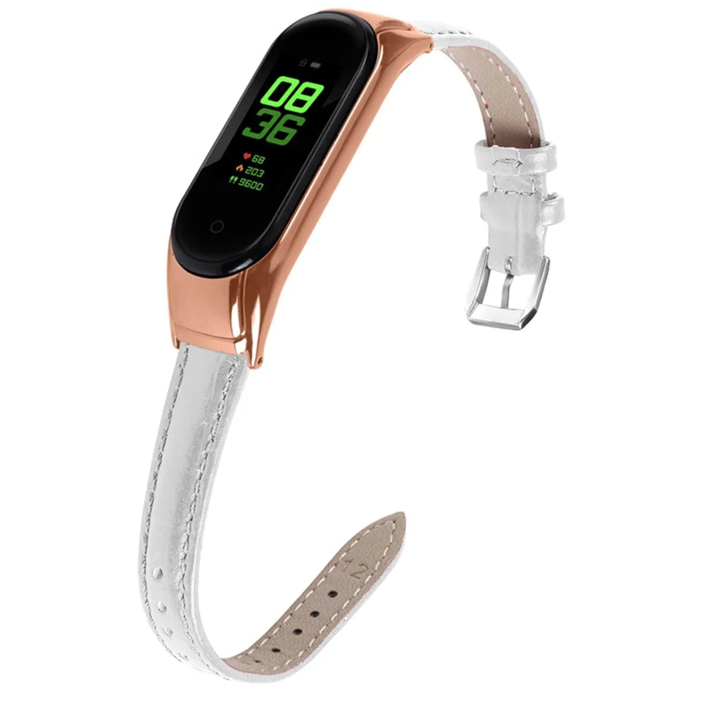 For Xiaomi Mi Band 7 Bamboo Grain Top Layer Cowhide Leather Buckle Design Watch Band with Rose Gold Watch Cover - White - 6