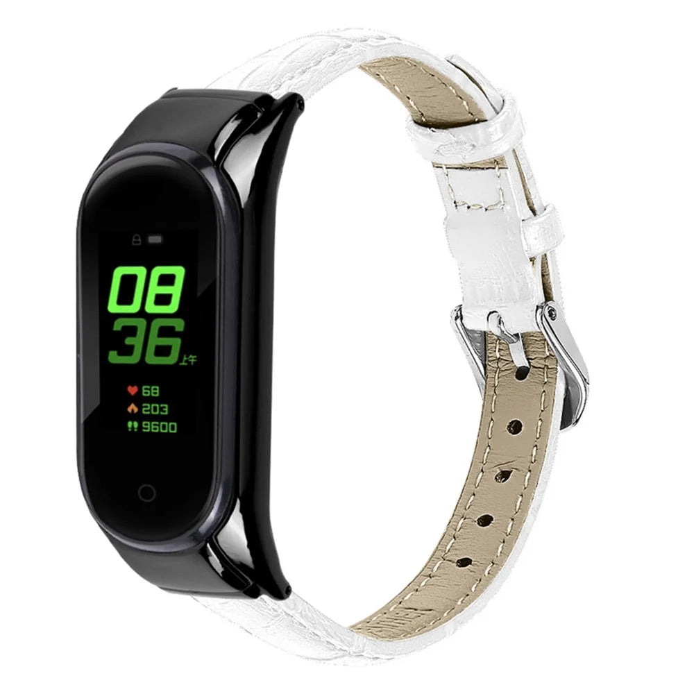 For Xiaomi Mi Band 7 Top Layer Cowhide Leather Bamboo Grain Watch Band with Anti-fall Black Watch Cover - White - 1