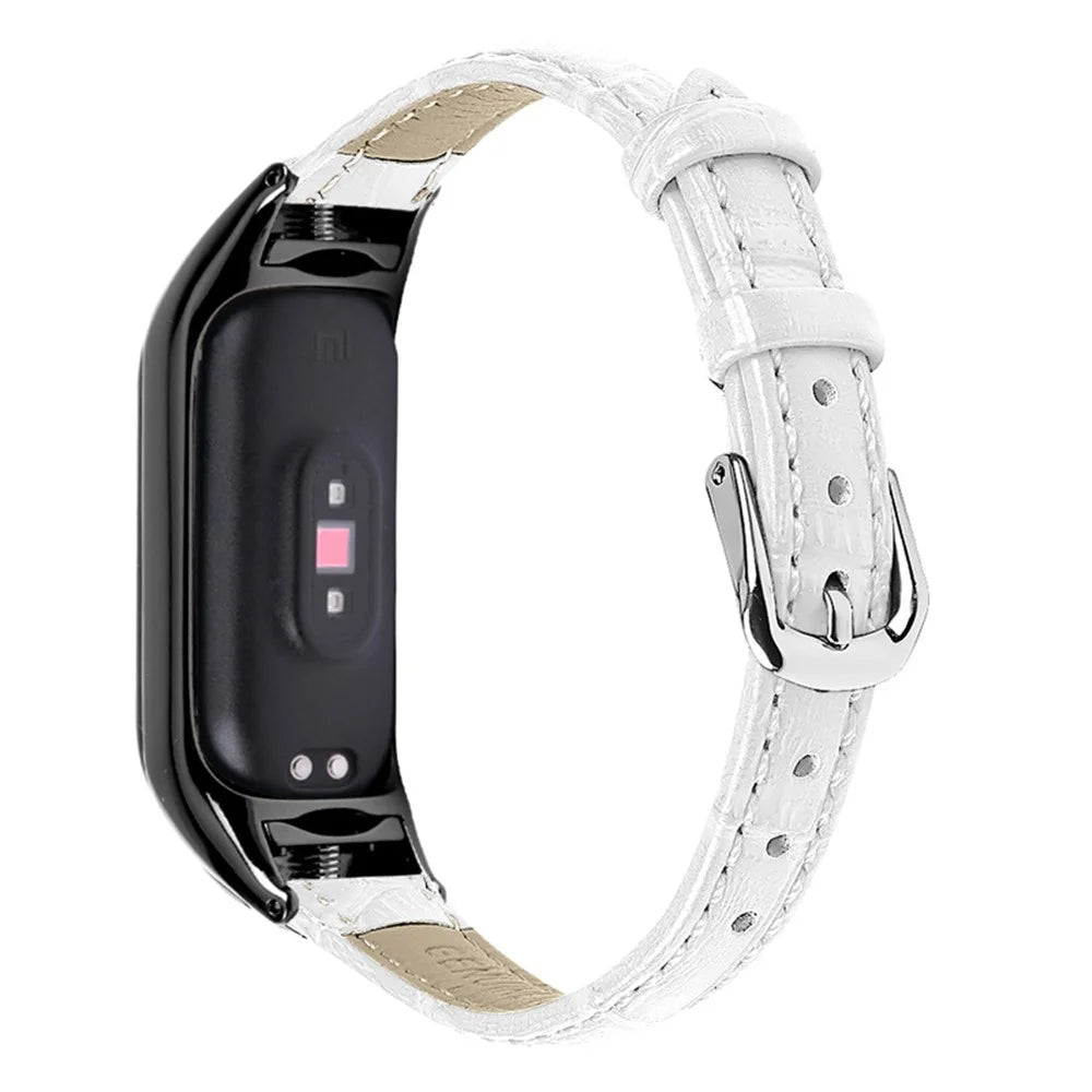 For Xiaomi Mi Band 7 Top Layer Cowhide Leather Bamboo Grain Watch Band with Anti-fall Black Watch Cover - White - 2