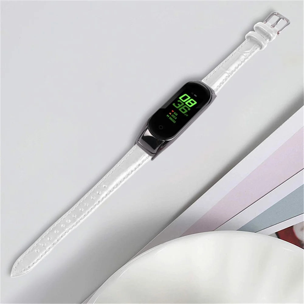 For Xiaomi Mi Band 7 Top Layer Cowhide Leather Bamboo Grain Watch Band with Anti-fall Black Watch Cover - White - 3