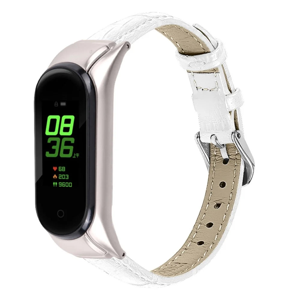 For Xiaomi Mi Band 7 Buckle Design Top Layer Cowhide Leather Bamboo Grain Adjustable Watch Band with Silver Protective Cover - White - 1