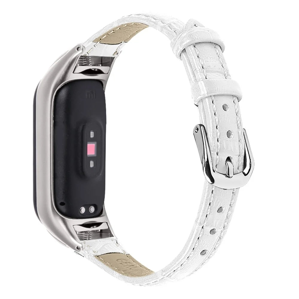 For Xiaomi Mi Band 7 Buckle Design Top Layer Cowhide Leather Bamboo Grain Adjustable Watch Band with Silver Protective Cover - White - 2
