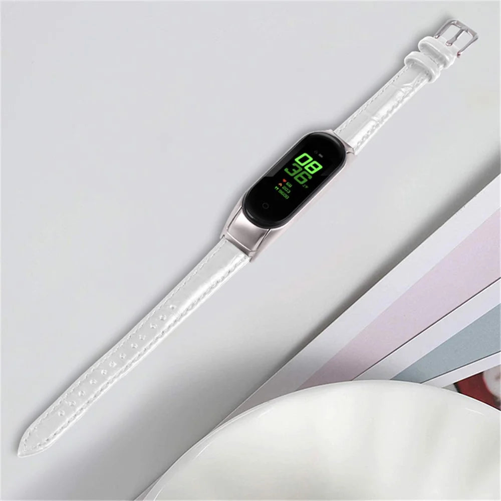 For Xiaomi Mi Band 7 Buckle Design Top Layer Cowhide Leather Bamboo Grain Adjustable Watch Band with Silver Protective Cover - White - 3