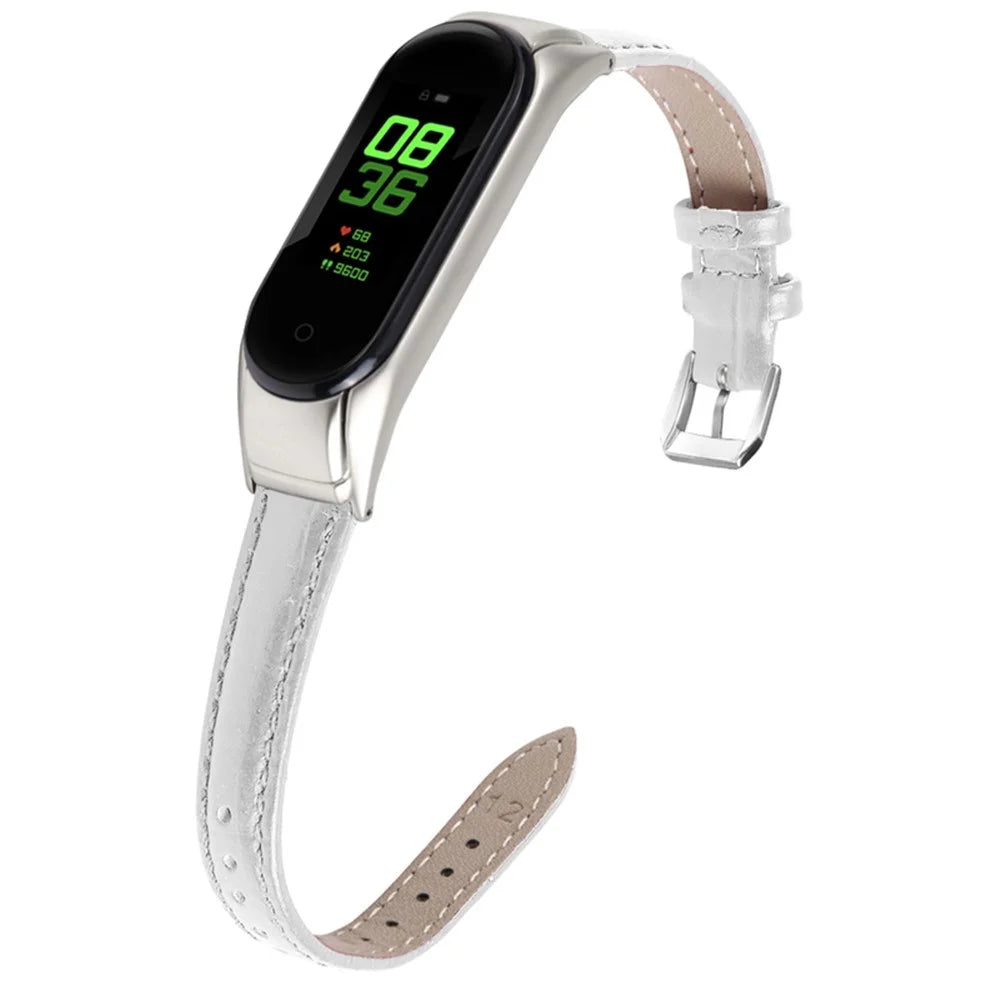 For Xiaomi Mi Band 7 Buckle Design Top Layer Cowhide Leather Bamboo Grain Adjustable Watch Band with Silver Protective Cover - White - 6