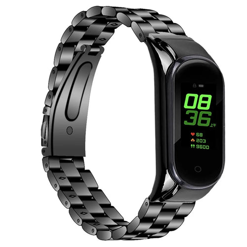 For Xiaomi Mi Band 7 Stainless Steel Three-bead Wrist Strap Replacement Watch Band with Foldable Buckle - Black - 1