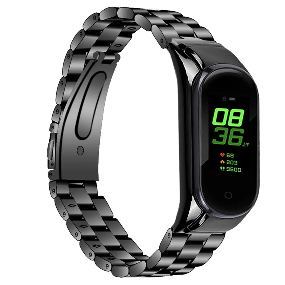 For Xiaomi Mi Band 7 Stainless Steel Three-bead Wrist Strap Replacement Watch Band with Foldable Buckle - Black - 1