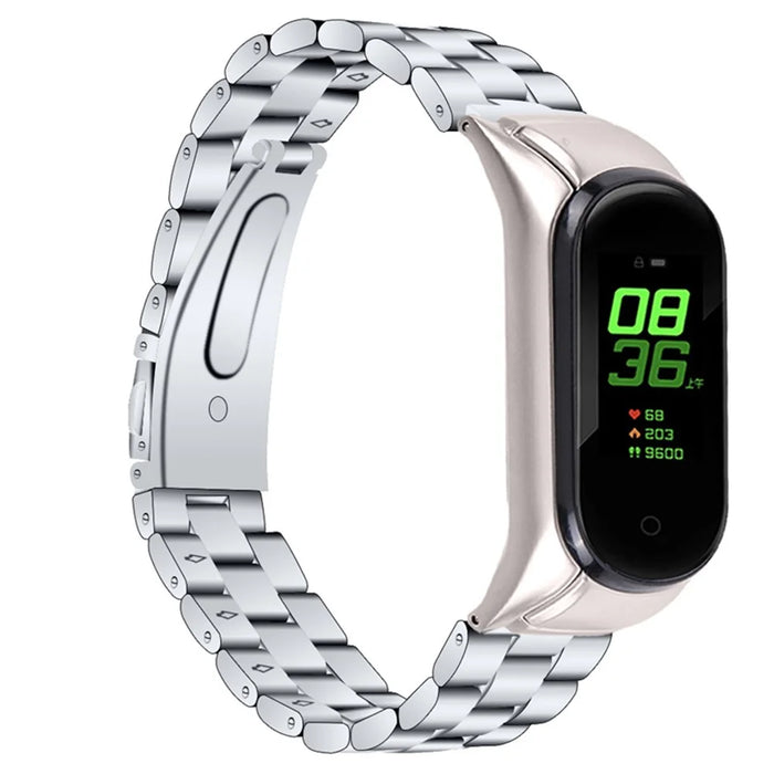 For Xiaomi Mi Band 7 Three-bead Wrist Strap Stainless Steel Watch Band Replacement with Foldable Buckle - Silver - 1