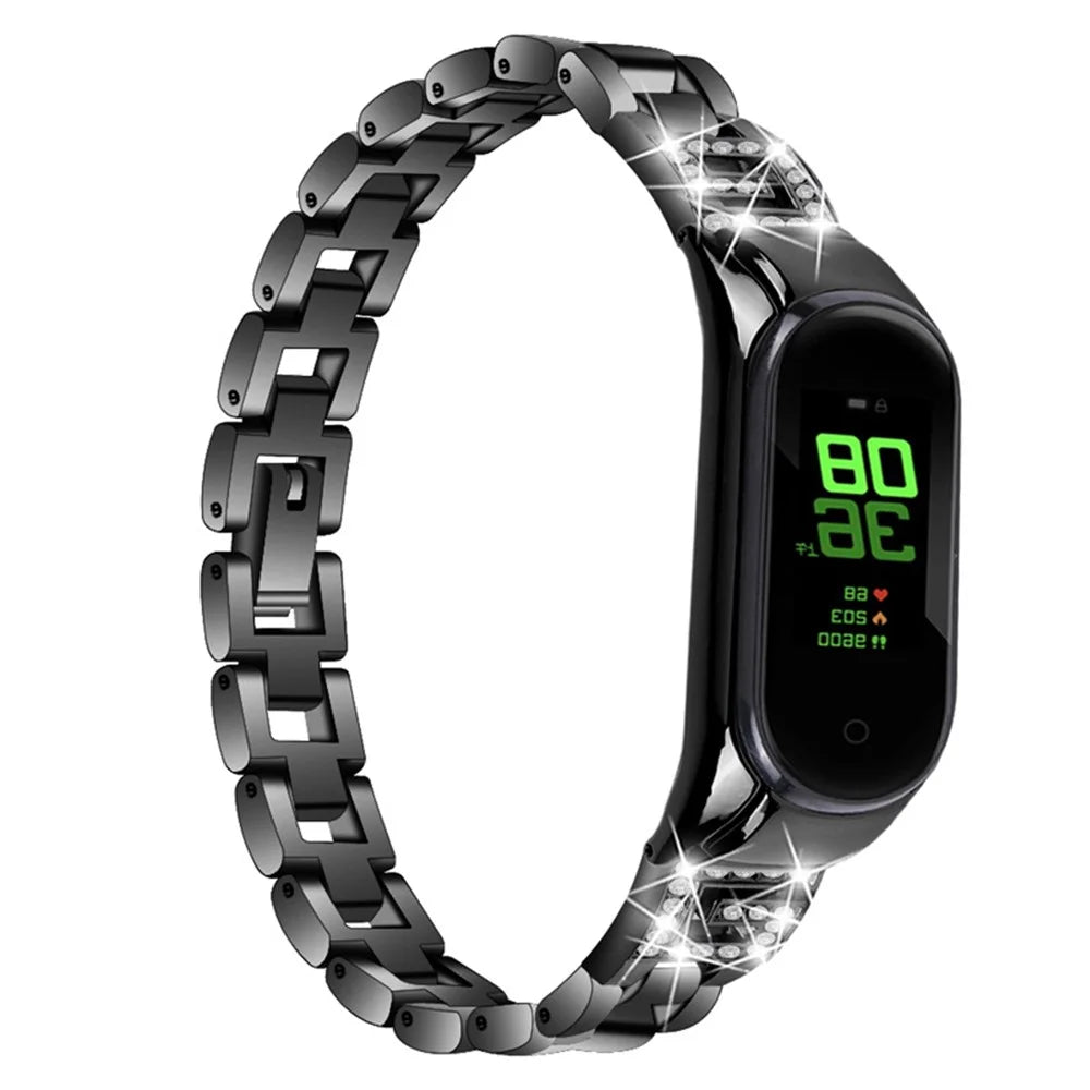 For Xiaomi Mi Band 7 G Letter Rhinestones Decor Stainless Steel Watch Strap Replacement Wrist Band - Black - 1
