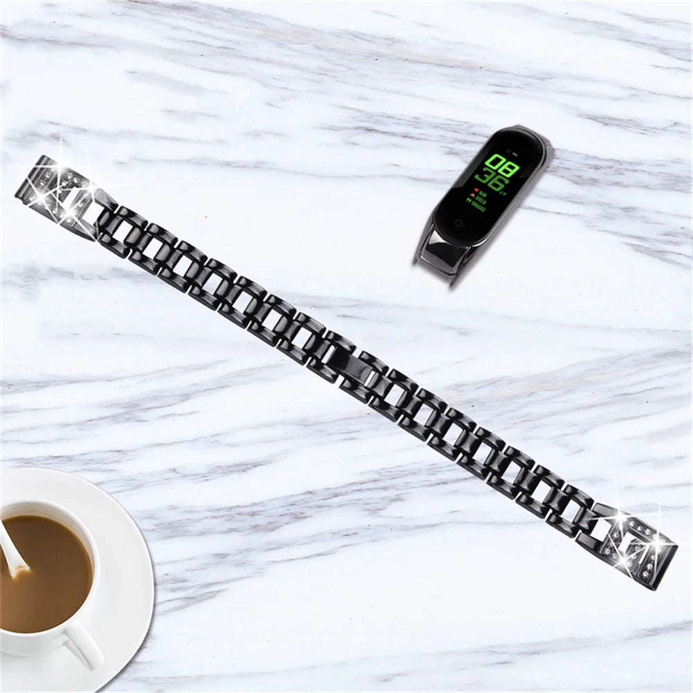 For Xiaomi Mi Band 7 G Letter Rhinestones Decor Stainless Steel Watch Strap Replacement Wrist Band - Black - 4