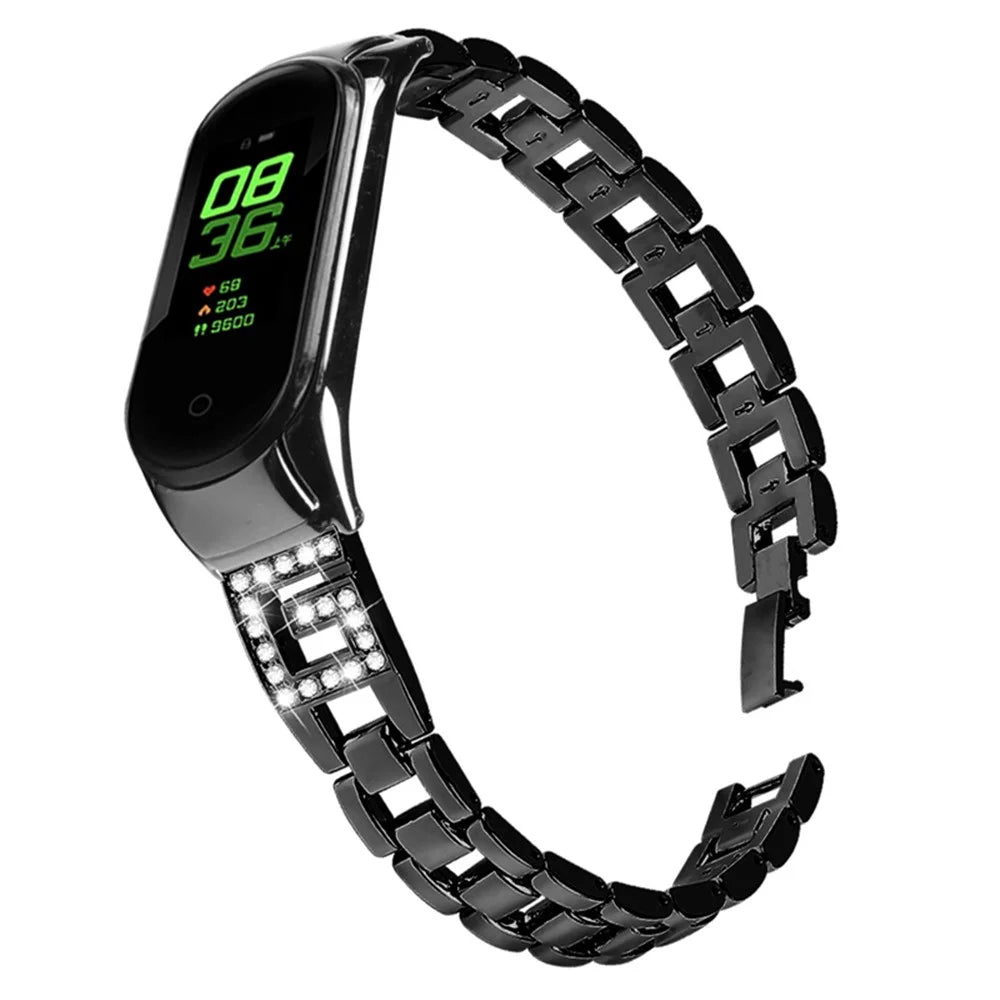 For Xiaomi Mi Band 7 G Letter Rhinestones Decor Stainless Steel Watch Strap Replacement Wrist Band - Black - 7