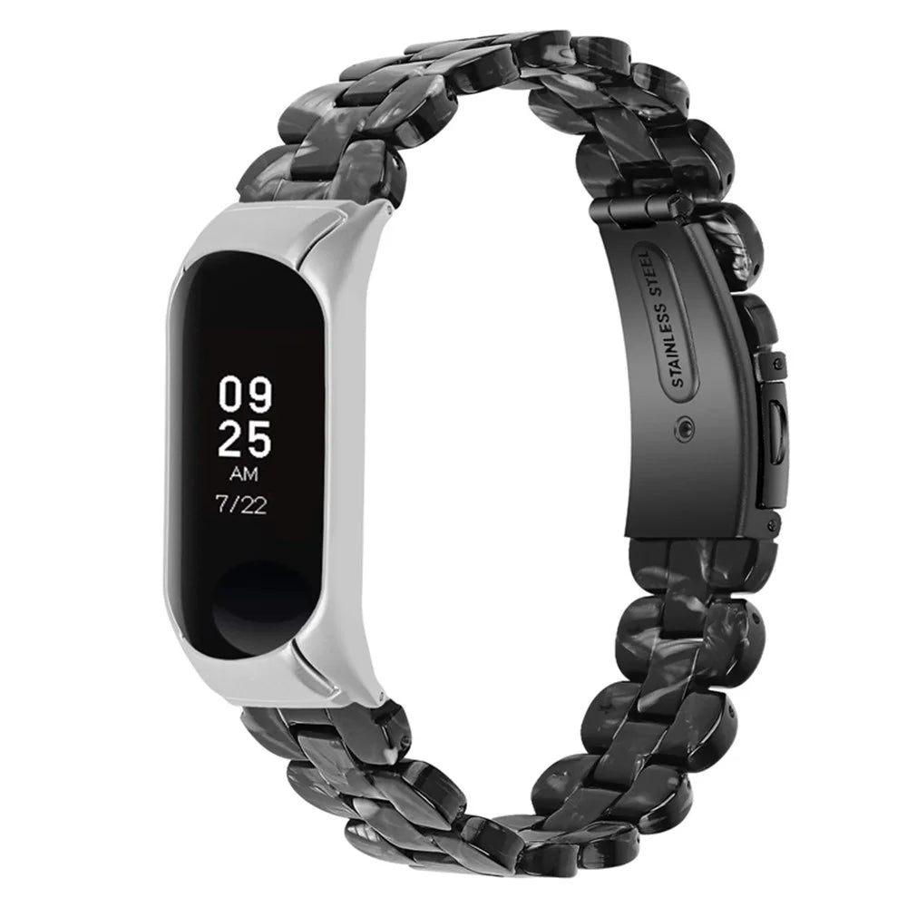 For Xiaomi Mi Band 7 Oval Resin Watchband Stainless Steel Buckle Strap Replacement - Black Flower - 1