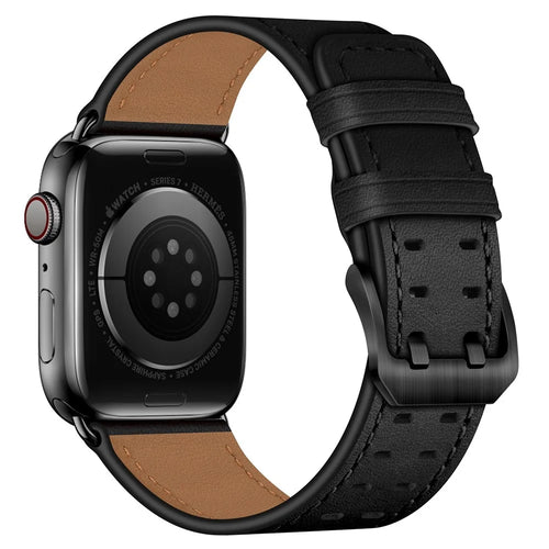 For Apple Watch Series 11 10 42mm / 9 8 7 41mm / SE3 SE2 SE 6 5 4 40mm / 3 2 1 38mm Watch Band Genuine Leather Strap with Stainless Steel Buckle Clasp - Black - 1