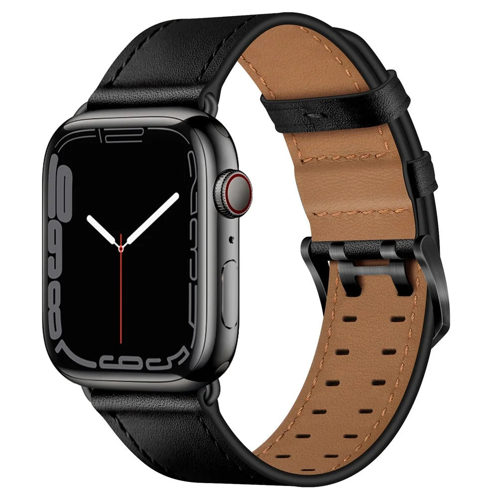 For Apple Watch Series 11 10 42mm / 9 8 7 41mm / SE3 SE2 SE 6 5 4 40mm / 3 2 1 38mm Watch Band Genuine Leather Strap with Stainless Steel Buckle Clasp - Black - 2