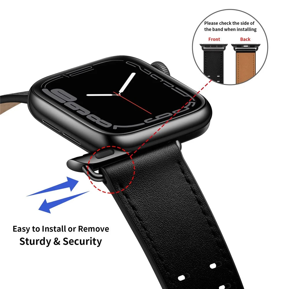 For Apple Watch Series 11 10 42mm / 9 8 7 41mm / SE3 SE2 SE 6 5 4 40mm / 3 2 1 38mm Watch Band Genuine Leather Strap with Stainless Steel Buckle Clasp - Black - 3