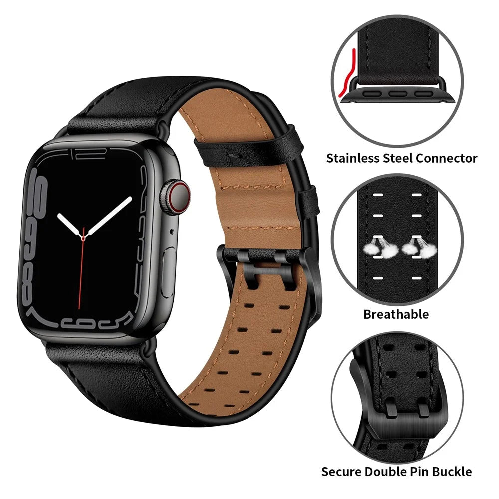 For Apple Watch Series 11 10 42mm / 9 8 7 41mm / SE3 SE2 SE 6 5 4 40mm / 3 2 1 38mm Watch Band Genuine Leather Strap with Stainless Steel Buckle Clasp - Black - 4