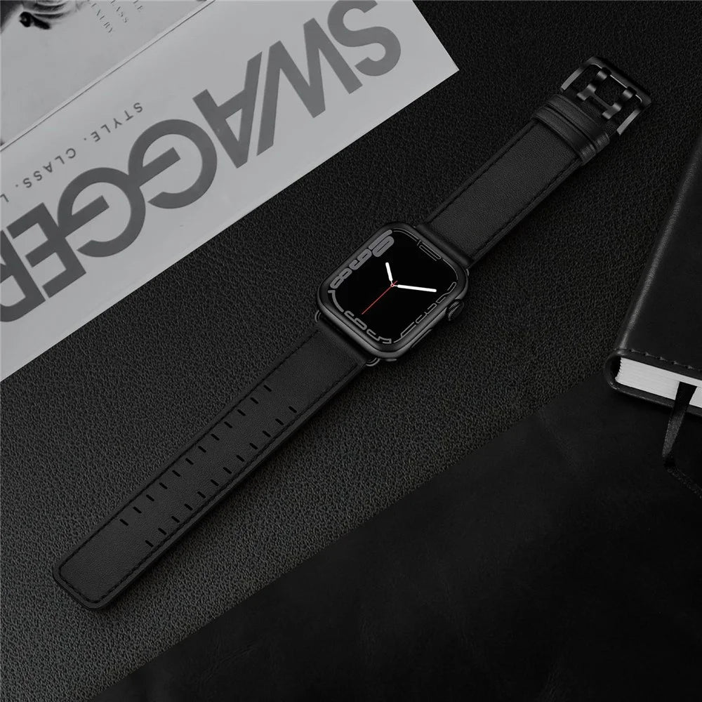 For Apple Watch Series 11 10 42mm / 9 8 7 41mm / SE3 SE2 SE 6 5 4 40mm / 3 2 1 38mm Watch Band Genuine Leather Strap with Stainless Steel Buckle Clasp - Black - 5