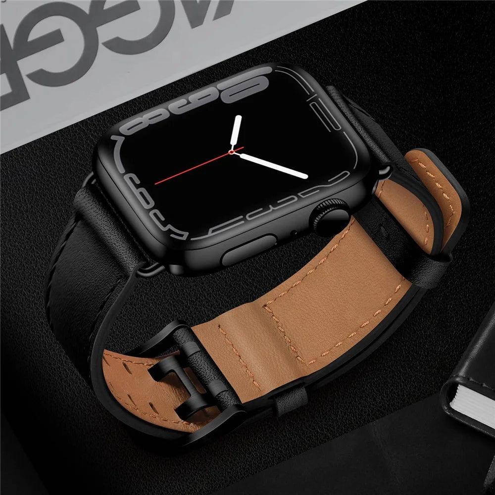 For Apple Watch Series 11 10 42mm / 9 8 7 41mm / SE3 SE2 SE 6 5 4 40mm / 3 2 1 38mm Watch Band Genuine Leather Strap with Stainless Steel Buckle Clasp - Black - 6