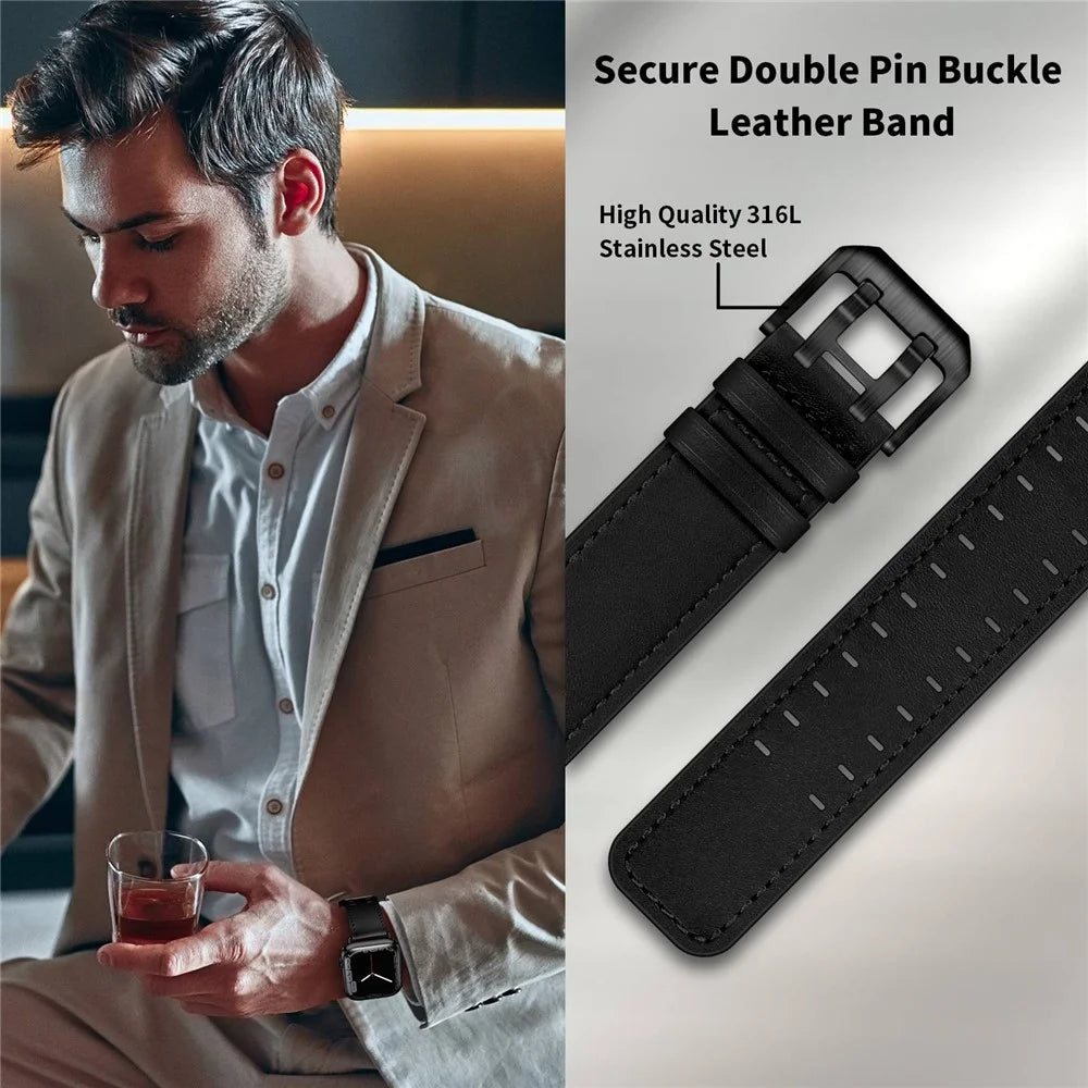 For Apple Watch Series 11 10 42mm / 9 8 7 41mm / SE3 SE2 SE 6 5 4 40mm / 3 2 1 38mm Watch Band Genuine Leather Strap with Stainless Steel Buckle Clasp - Black - 7