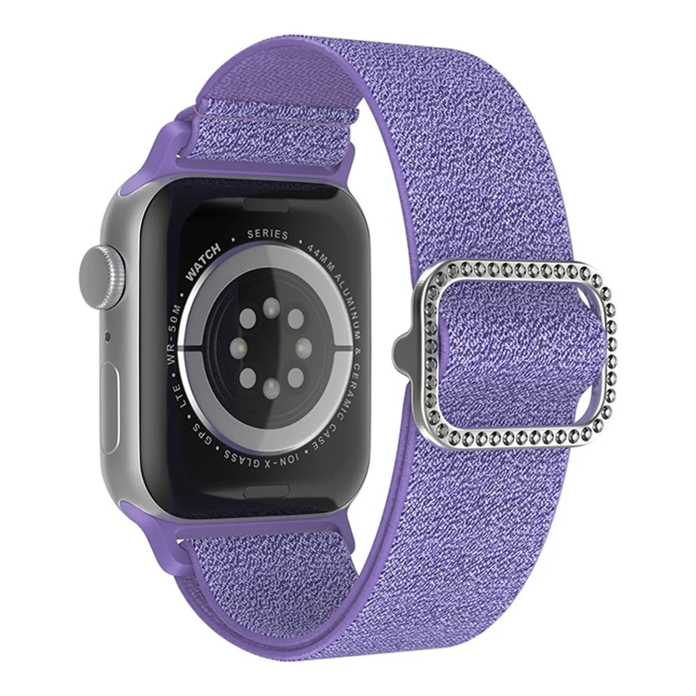 For Apple Watch Series 11 10 42mm / 9 8 7 41mm / SE3 SE2 SE 6 5 4 40mm / 3 2 1 38mm Stitching Watch Strap Glitter Nylon Wrist Band with Rhinestone Decor Buckle - Purple - 1