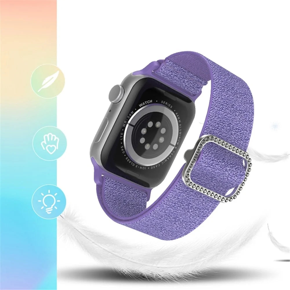 For Apple Watch Series 11 10 42mm / 9 8 7 41mm / SE3 SE2 SE 6 5 4 40mm / 3 2 1 38mm Stitching Watch Strap Glitter Nylon Wrist Band with Rhinestone Decor Buckle - Purple - 4