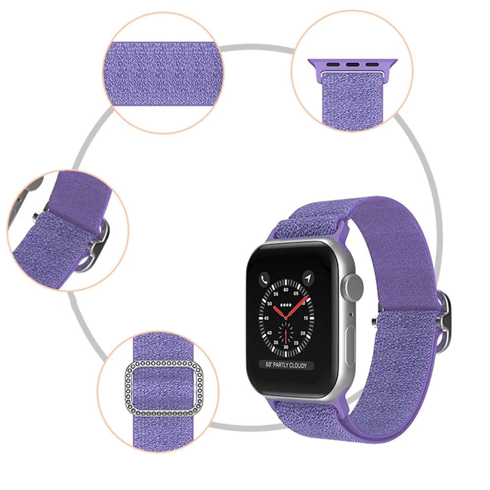 For Apple Watch Series 11 10 42mm / 9 8 7 41mm / SE3 SE2 SE 6 5 4 40mm / 3 2 1 38mm Stitching Watch Strap Glitter Nylon Wrist Band with Rhinestone Decor Buckle - Purple - 5