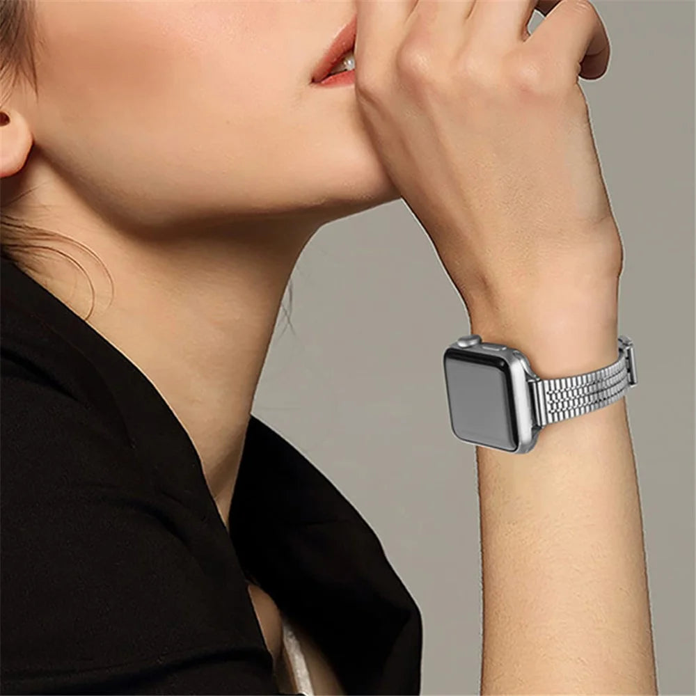 For Apple Watch Series 11 10 42mm / 9 8 7 41mm / SE3 SE2 SE 6 5 4 40mm / 3 2 1 38mm Stainless Steel Dual-Layer Buckle Design Smart Watch Band Wrist Strap - Silver - 6