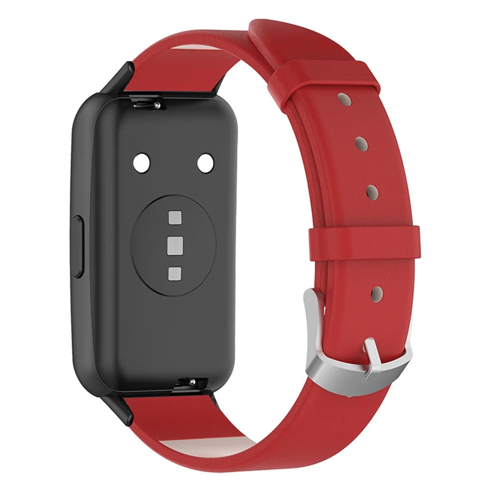 For Huawei Band 7 Genuine Leather Watch Band Replacement Strap with Metal Silver Buckle - Red - 1
