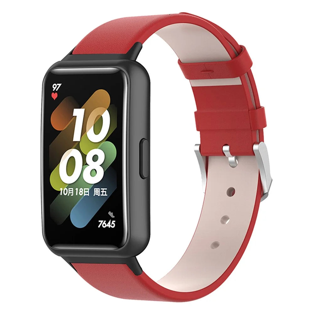 For Huawei Band 7 Genuine Leather Watch Band Replacement Strap with Metal Silver Buckle - Red - 2