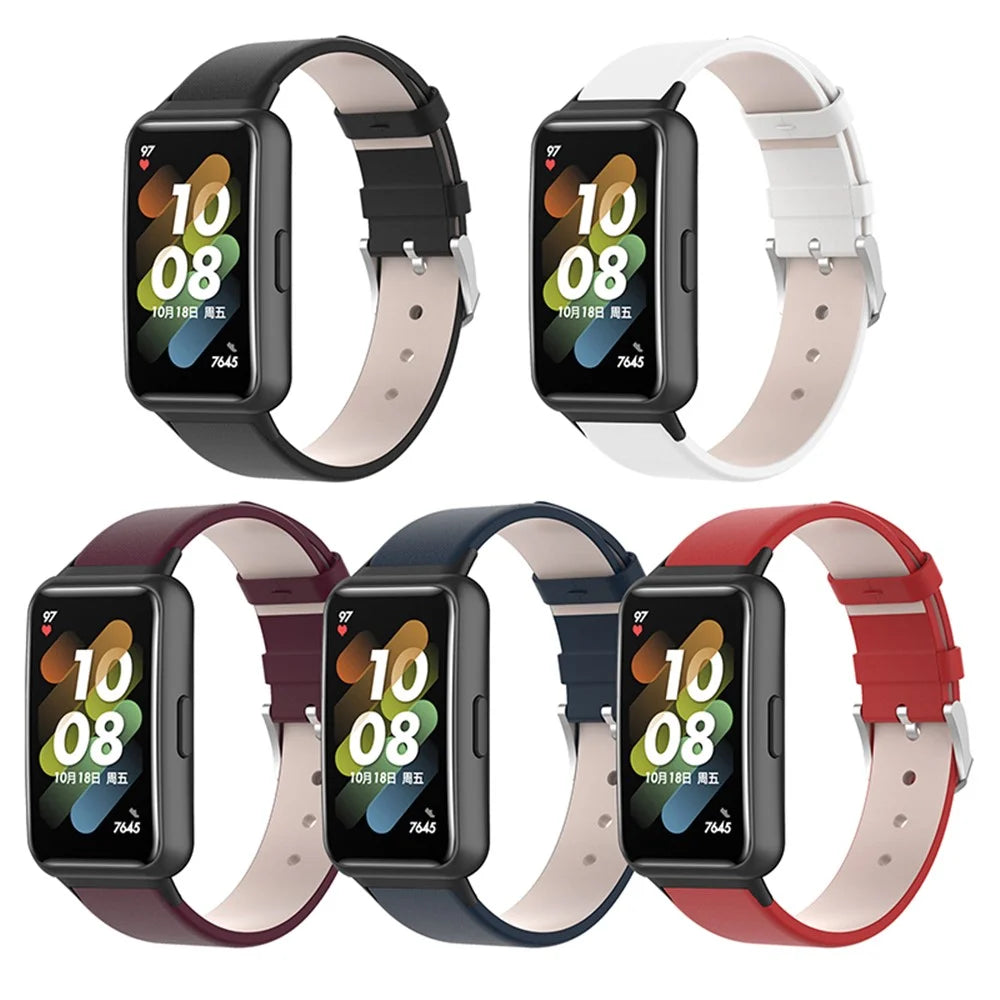 For Huawei Band 7 Genuine Leather Watch Band Replacement Strap with Metal Silver Buckle - Red - 4