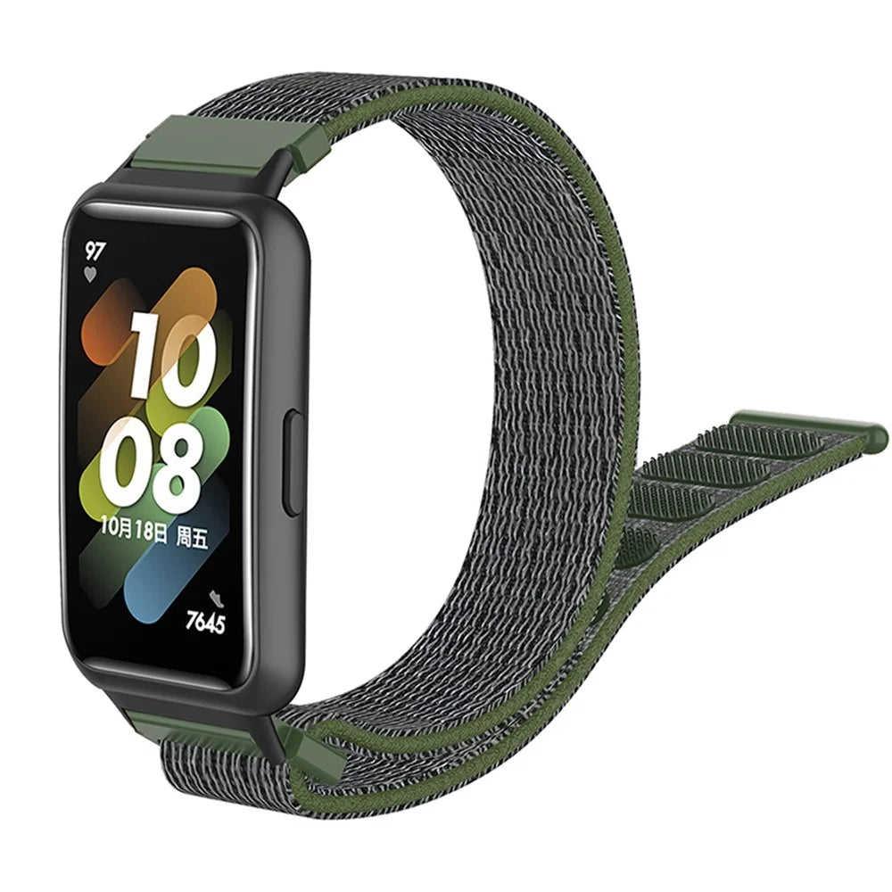 For Huawei Band 7 Soft Nylon Watch Band Adjustable Loop Fastener Sport Strap Wristband Replacement - Army Green - 1