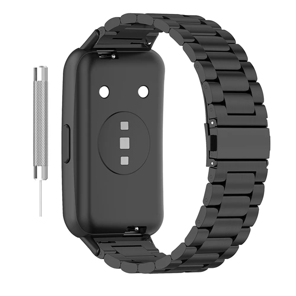 For Huawei Band 7 Stainless Steel Watch Band 3 Beads Metal Buckle Replacement Wristband - Black - 1