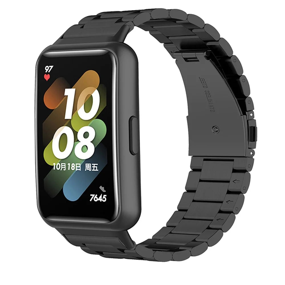 For Huawei Band 7 Stainless Steel Watch Band 3 Beads Metal Buckle Replacement Wristband - Black - 2