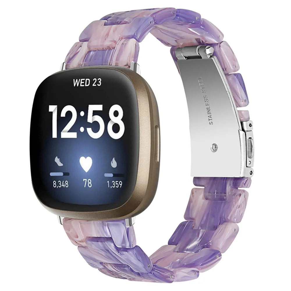 For Fitbit Versa 3 / Sense Resin Watch Band Strap Adjustable Replacement Bracelet with Stainless Steel Buckle - Purple / Pink Flowers - 1
