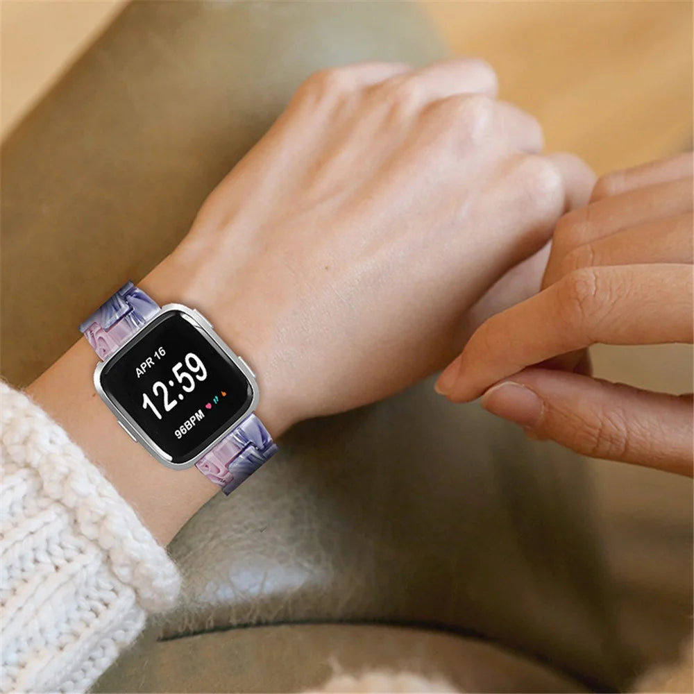 For Fitbit Versa 2 / Versa / Versa Lite / Versa SE Resin Wristband Stainless Steel Buckle Sport Watch Band - Purple / Pink Flowers - 6
