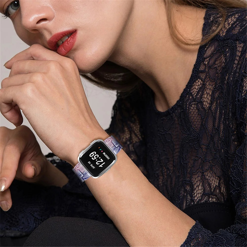 For Fitbit Versa 2 / Versa / Versa Lite / Versa SE Resin Wristband Stainless Steel Buckle Sport Watch Band - Purple / Pink Flowers - 7