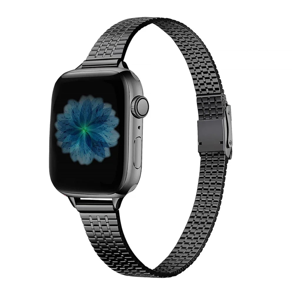 For Apple Watch Series 11 10 42mm / 9 8 7 41mm / SE3 SE2 SE 6 5 4 40mm / 3 2 1 38mm Stainless Steel Fashionable Smart Watch Band Wrist Strap with Dual-Layer Buckle - Black - 1