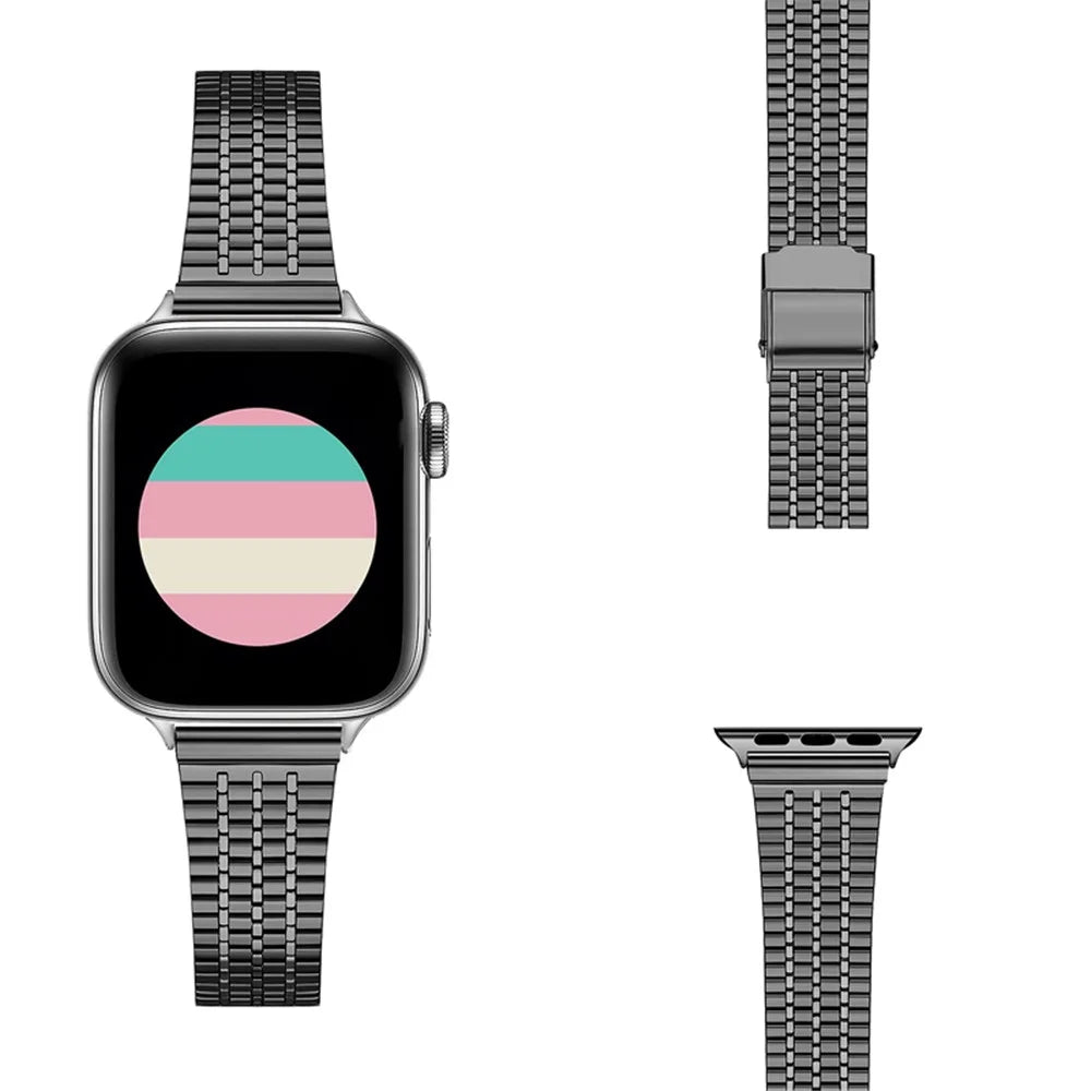 For Apple Watch Series 11 10 42mm / 9 8 7 41mm / SE3 SE2 SE 6 5 4 40mm / 3 2 1 38mm Stainless Steel Fashionable Smart Watch Band Wrist Strap with Dual-Layer Buckle - Black - 2