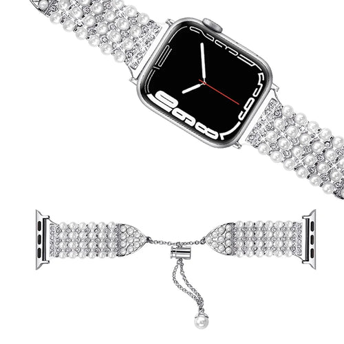 For Apple Watch Ultra 3 2 1 49mm / Series 11 10 46mm / 9 8 7 45mm / SE3 SE2 SE 6 5 4 44mm / 3 2 1 42mm Pearls Rhinestone Decor Metal Watch Band Bracelet Wrist Strap - 1