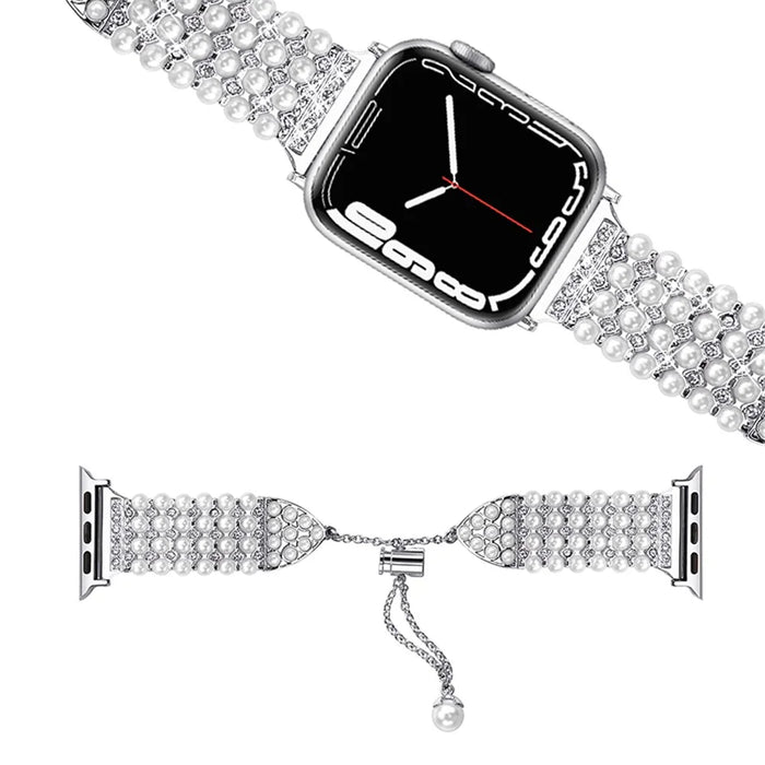 For Apple Watch Ultra 3 2 1 49mm / Series 11 10 46mm / 9 8 7 45mm / SE3 SE2 SE 6 5 4 44mm / 3 2 1 42mm Pearls Rhinestone Decor Metal Watch Band Bracelet Wrist Strap - 1