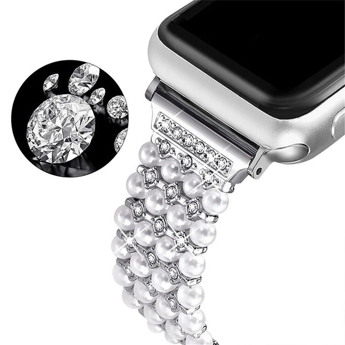 For Apple Watch Ultra 3 2 1 49mm / Series 11 10 46mm / 9 8 7 45mm / SE3 SE2 SE 6 5 4 44mm / 3 2 1 42mm Pearls Rhinestone Decor Metal Watch Band Bracelet Wrist Strap - 2