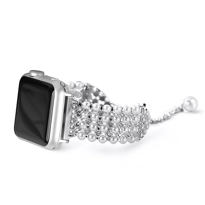 For Apple Watch Ultra 3 2 1 49mm / Series 11 10 46mm / 9 8 7 45mm / SE3 SE2 SE 6 5 4 44mm / 3 2 1 42mm Pearls Rhinestone Decor Metal Watch Band Bracelet Wrist Strap - 3