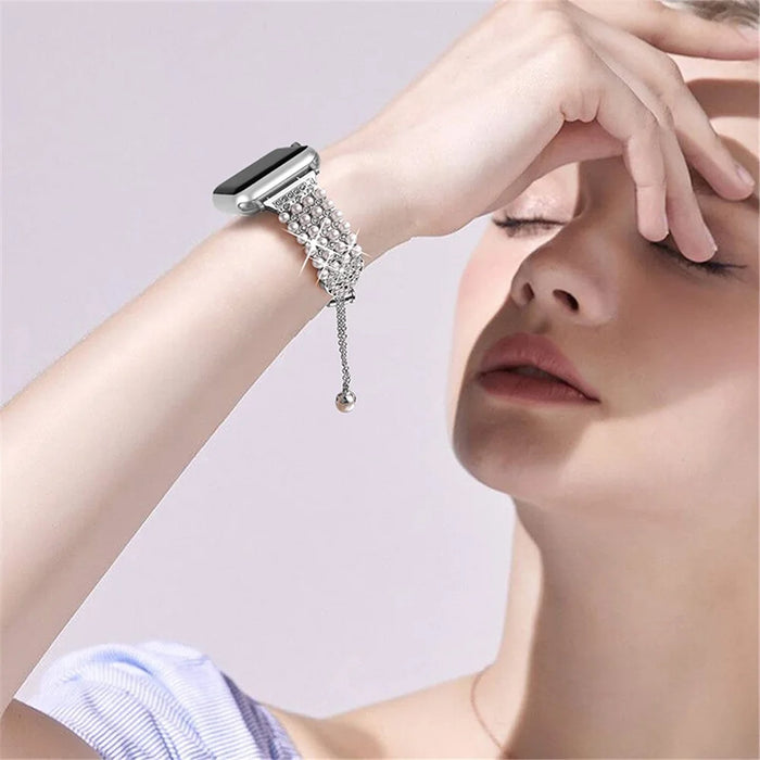 For Apple Watch Ultra 3 2 1 49mm / Series 11 10 46mm / 9 8 7 45mm / SE3 SE2 SE 6 5 4 44mm / 3 2 1 42mm Pearls Rhinestone Decor Metal Watch Band Bracelet Wrist Strap - 5