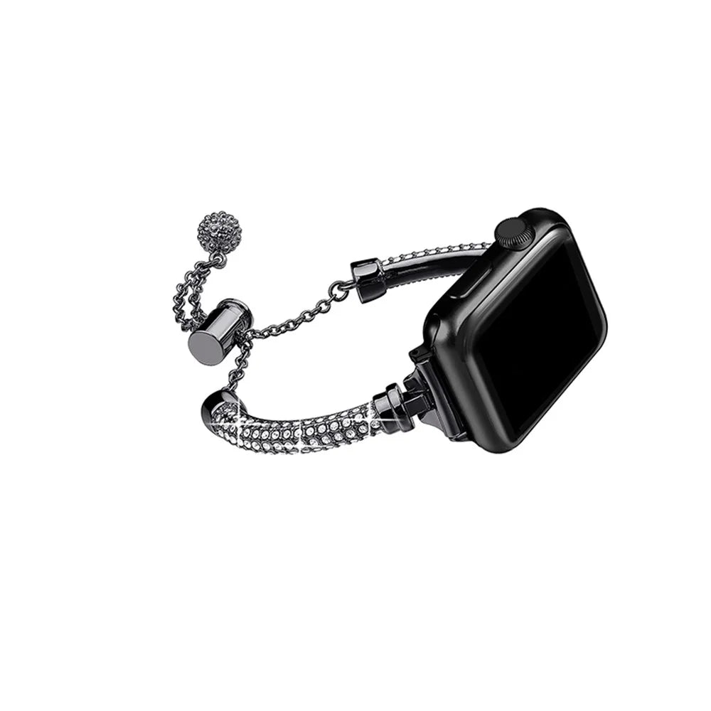 For Apple Watch Series 11 10 42mm / 9 8 7 41mm / SE3 SE2 SE 6 5 4 40mm / 3 2 1 38mm Stylish Bracelet Rhinestone Decor Metal Watch Band Wrist Strap Replacement - Black - 1