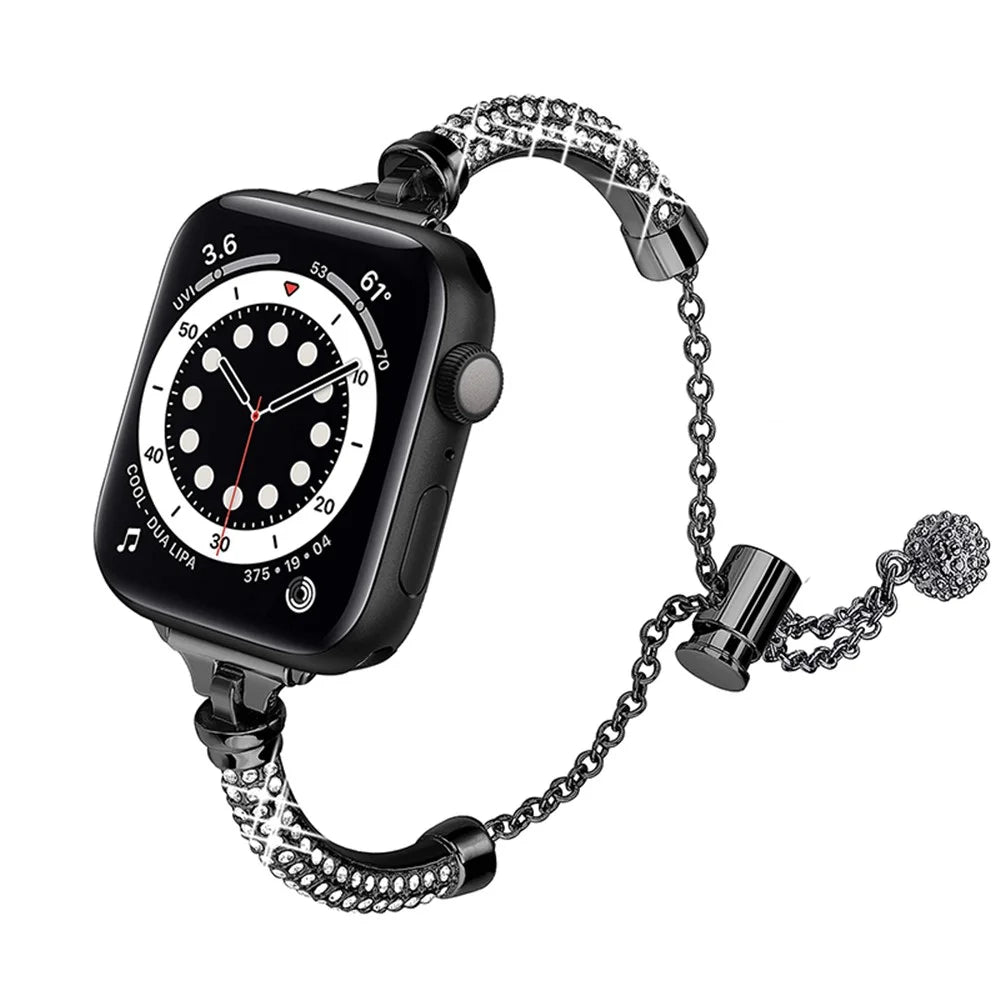 For Apple Watch Series 11 10 42mm / 9 8 7 41mm / SE3 SE2 SE 6 5 4 40mm / 3 2 1 38mm Stylish Bracelet Rhinestone Decor Metal Watch Band Wrist Strap Replacement - Black - 2