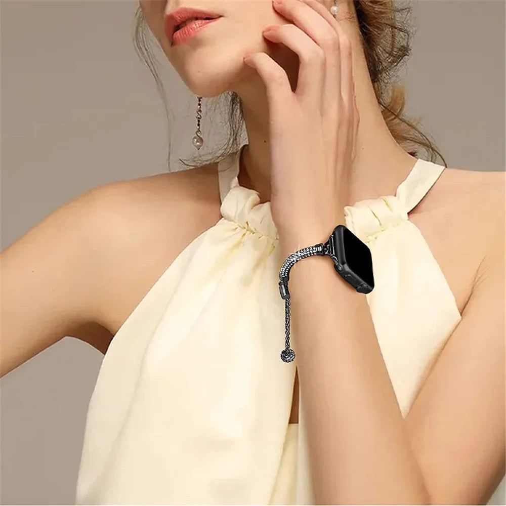 For Apple Watch Series 11 10 42mm / 9 8 7 41mm / SE3 SE2 SE 6 5 4 40mm / 3 2 1 38mm Stylish Bracelet Rhinestone Decor Metal Watch Band Wrist Strap Replacement - Black - 4
